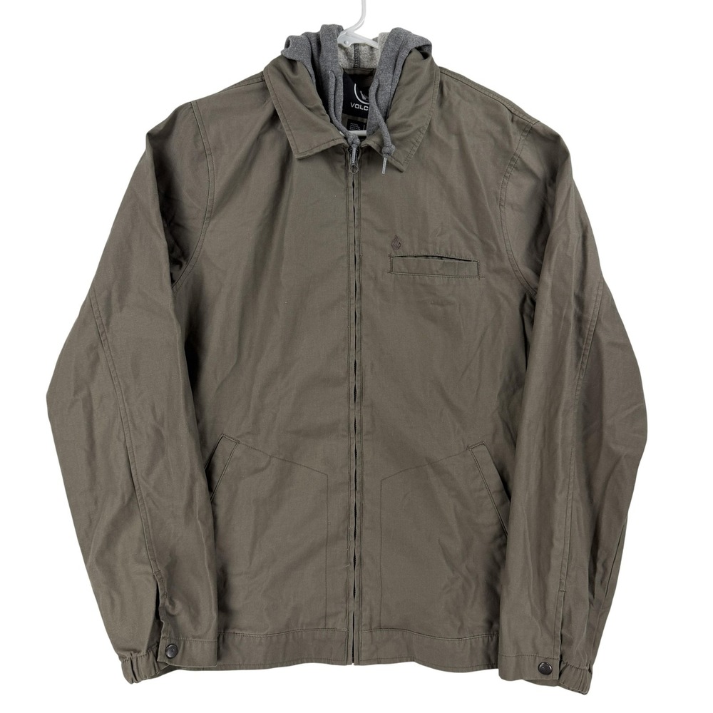Volcom‎ Work Jacket Mens Large Green Hooded Canvas Full Zip Windbreaker